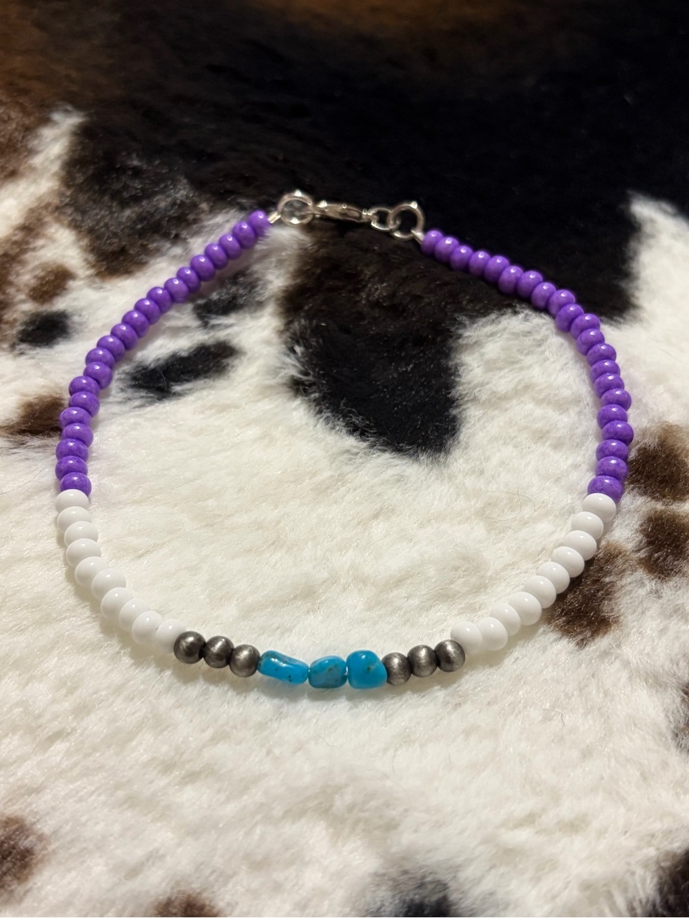 Purple and white Beaded anklet/bracelet with Kingman turquoise